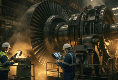 فنيان يقومان بفحص توربين صناعي ضخم داخل مصنع ضمن أعمال صيانة المصانع والمنشآت الصناعية لضمان الكفاءة التشغيلية