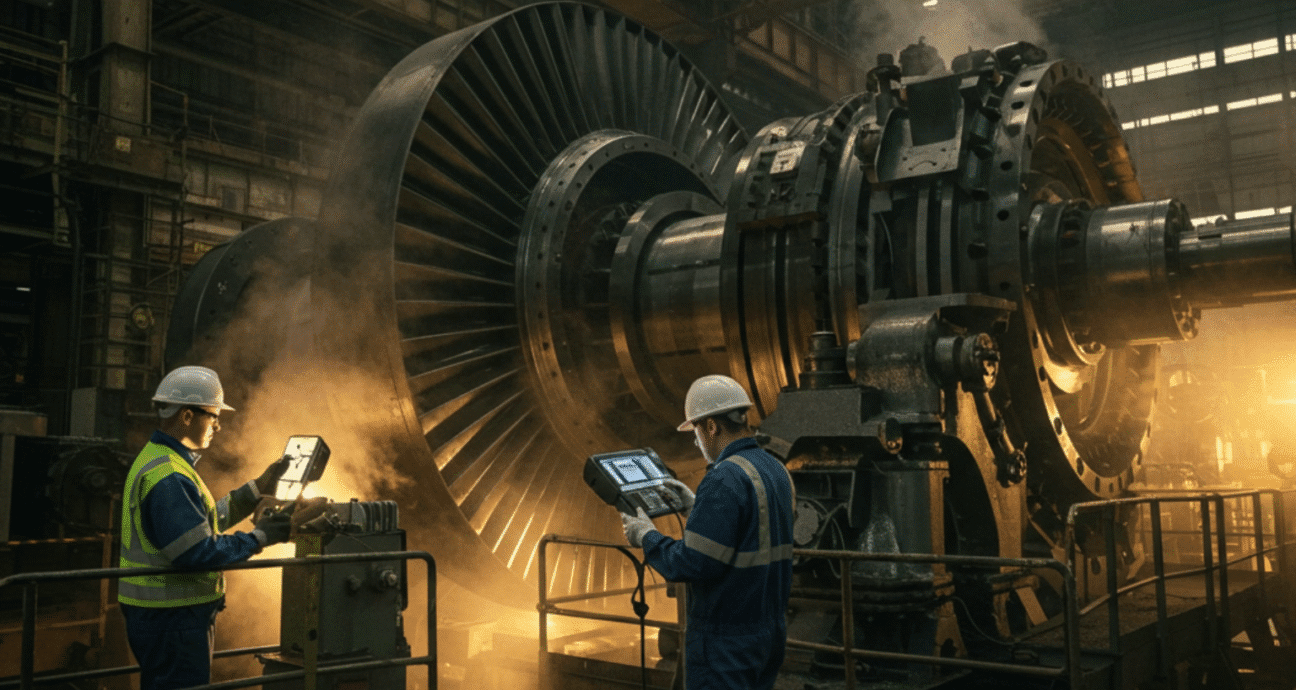 فنيان يقومان بفحص توربين صناعي ضخم داخل مصنع ضمن أعمال صيانة المصانع والمنشآت الصناعية لضمان الكفاءة التشغيلية