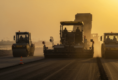 معدات رصف أسفلت حديثة ضمن مشروع إنشاء الطرق في السعودية تنفذه شركة الكثبان الذهبية وفق أعلى معايير الجودة والسلامة