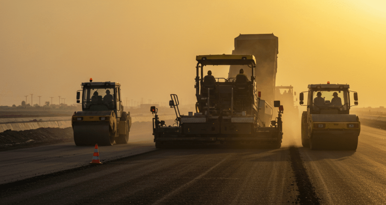 معدات رصف أسفلت حديثة ضمن مشروع إنشاء الطرق في السعودية تنفذه شركة الكثبان الذهبية وفق أعلى معايير الجودة والسلامة