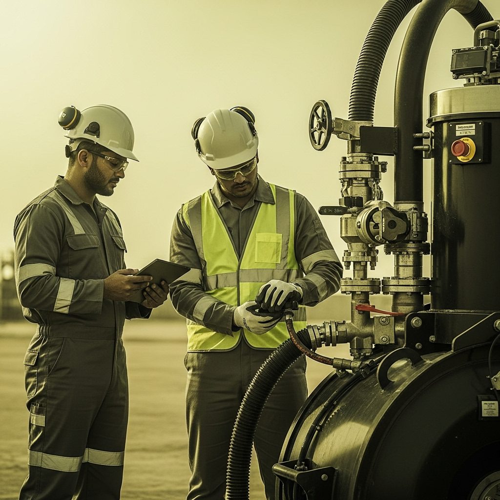 Construction technology in Saudi Arabia showing engineers operating advanced industrial systems