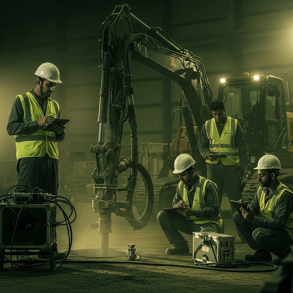 Construction technology in Saudi Arabia showing engineers operating precision excavation and monitoring systems