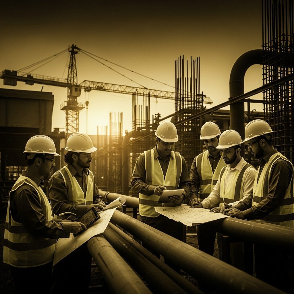 Engineering team reviewing construction plans on a major infrastructure project in Saudi Arabia General Contracting Services in Saudi Arabia