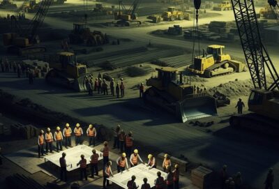 Infrastructure and Site Development project showing heavy equipment, engineers, and construction site planning activities