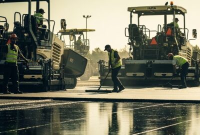 Concrete paving work in a construction site using modern machinery in Saudi Arabia