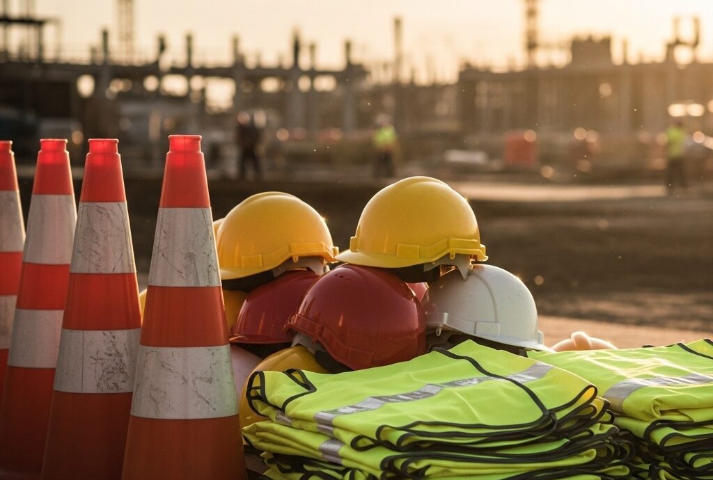 Safety Materials Supply in Saudi Arabia including safety helmets traffic cones and reflective safety vests for construction sites