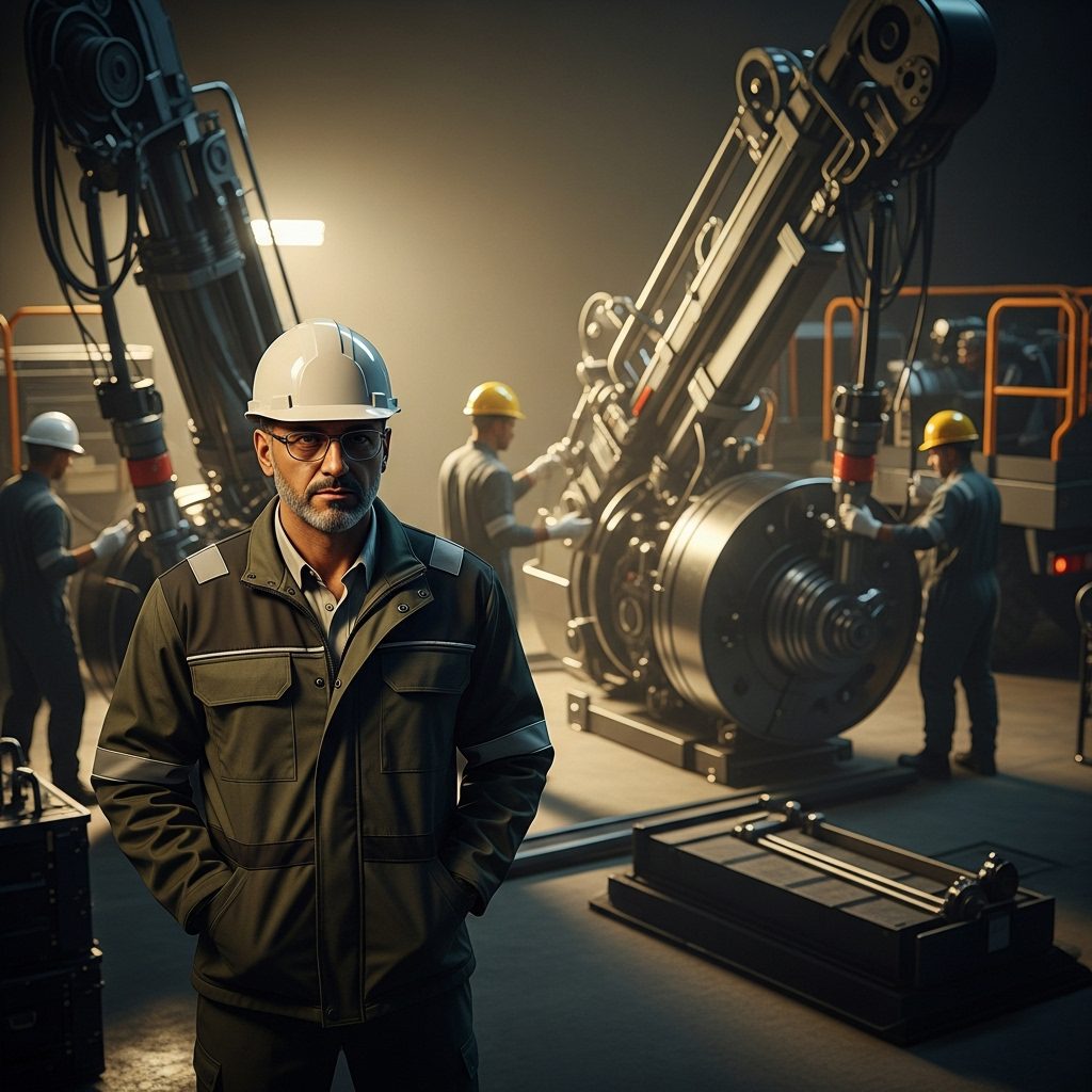 مهندس صناعي يقف داخل منشأة هندسية أمام معدات تشغيل متقدمة عن شركة الكثبان الذهبية