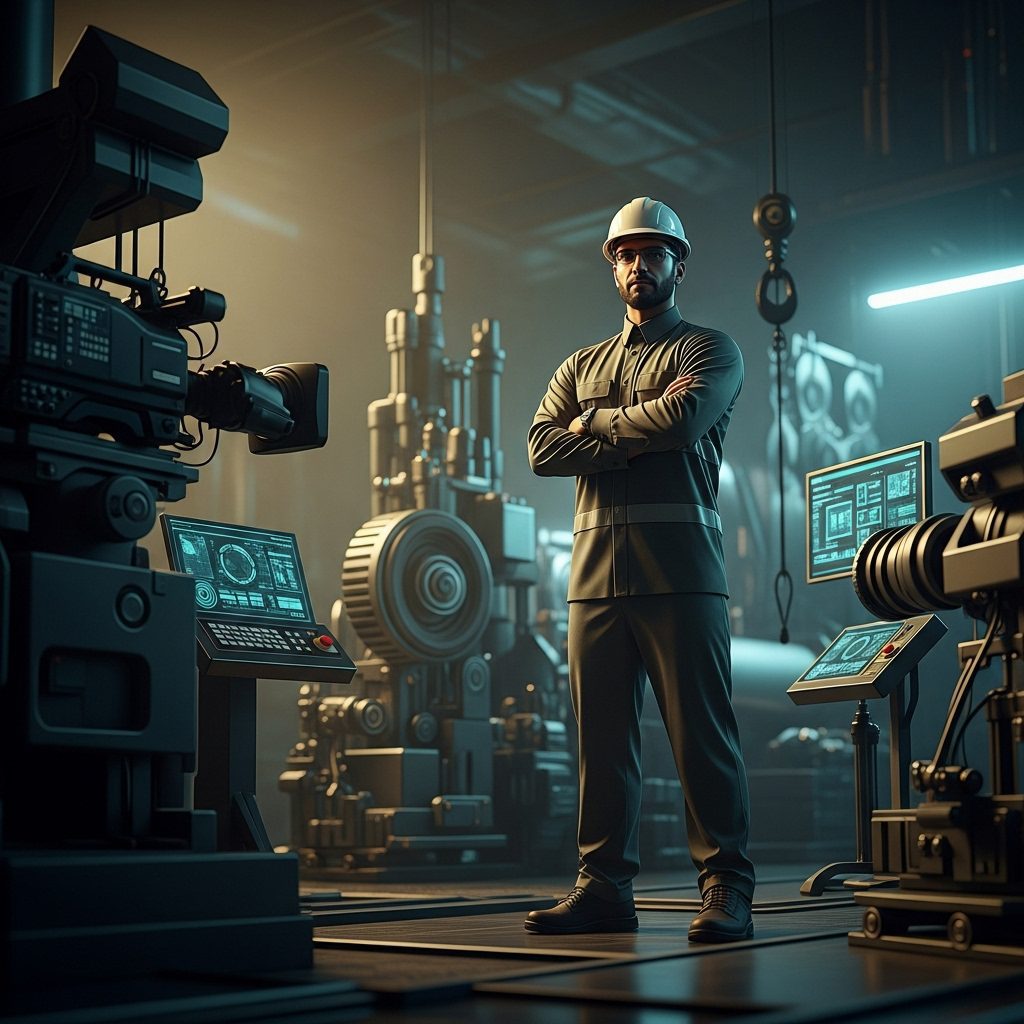 مهندس صناعي يقف داخل منشأة هندسية أمام معدات تشغيل متقدمة