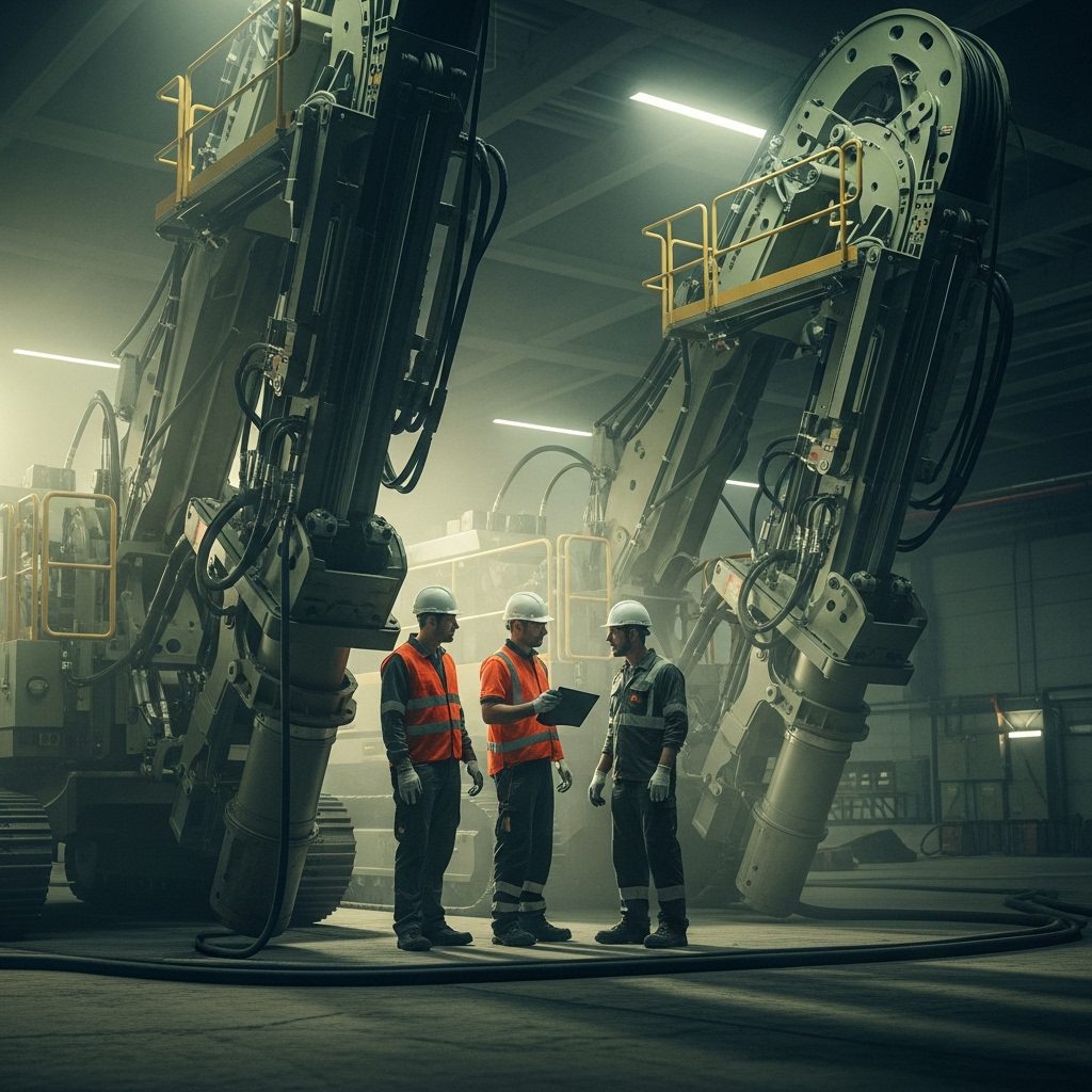 فريق هندسي يشرف على معدات حفر صناعية ثقيلة داخل منشأة تنفيذ مشاريع