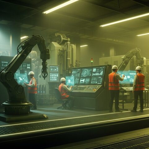 غرفة تحكم صناعية متطورة تضم أنظمة تشغيل آلية وفريق هندسي داخل منشأة صناعية