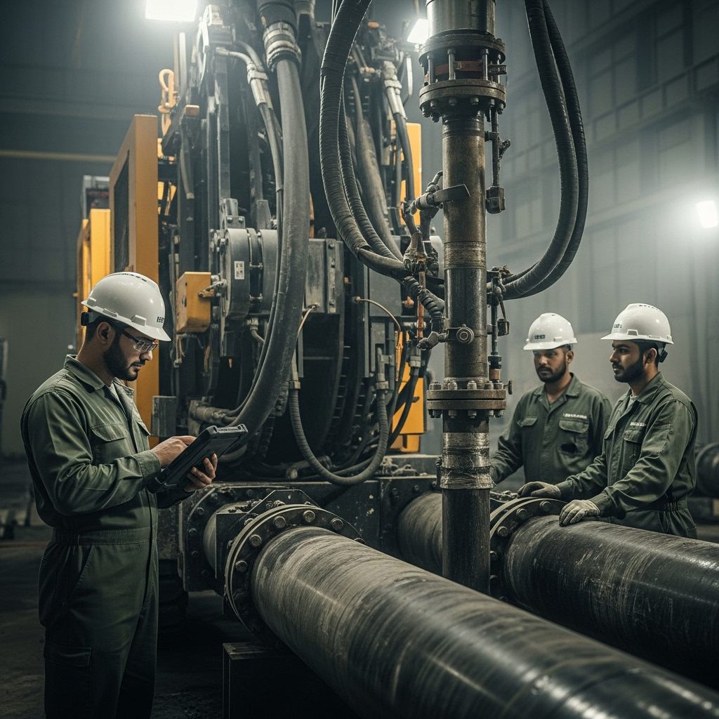 فريق هندسي متخصص يشرف على أعمال الحفر بالشفط غير التدميرية داخل شبكة أنابيب وبنية تحتية صناعية