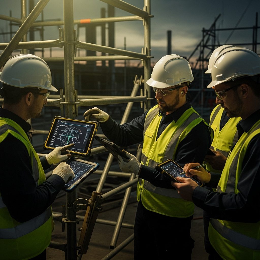فريق سلامة ميداني يستخدم أجهزة لوحية لتحليل بيانات الأمان في موقع بناء