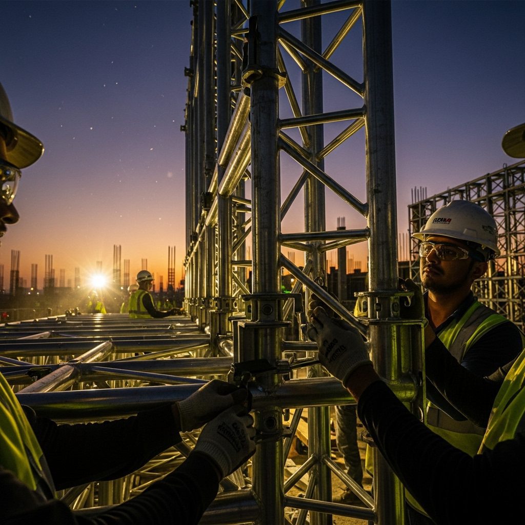 عمال يقومون بتركيب سقالات معدنية وفق معايير السلامة في موقع بناء صناعي