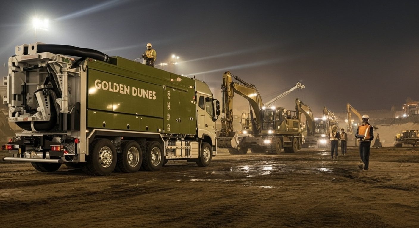 معدات الحفر بالشفط التابعة لشركة الكثبان الذهبية أثناء تنفيذ أعمال حفر دقيقة في موقع بنية تحتية ليلي