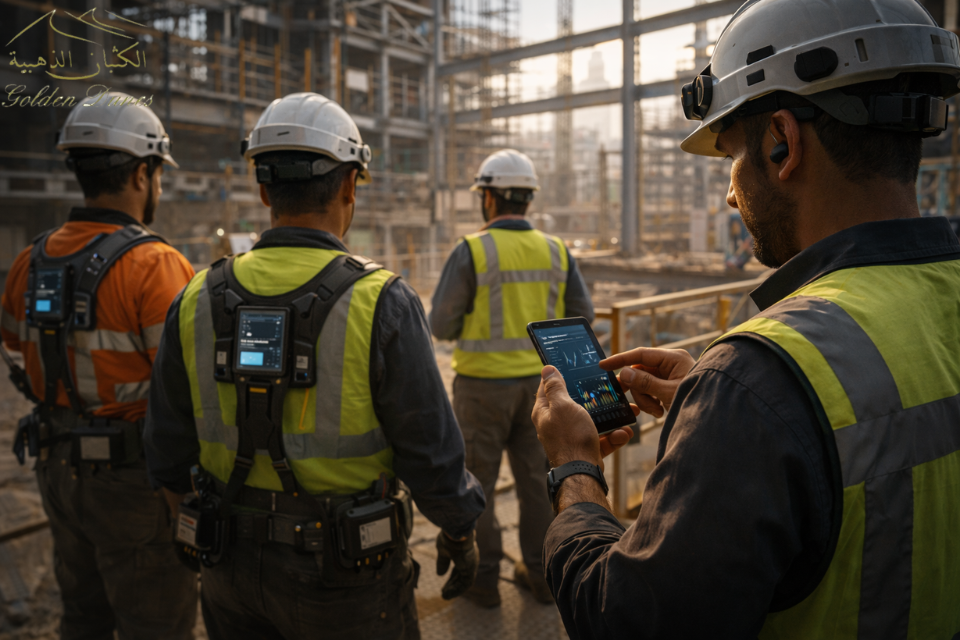 أجهزة سلامة ذكية قابلة للارتداء في موقع بناء.