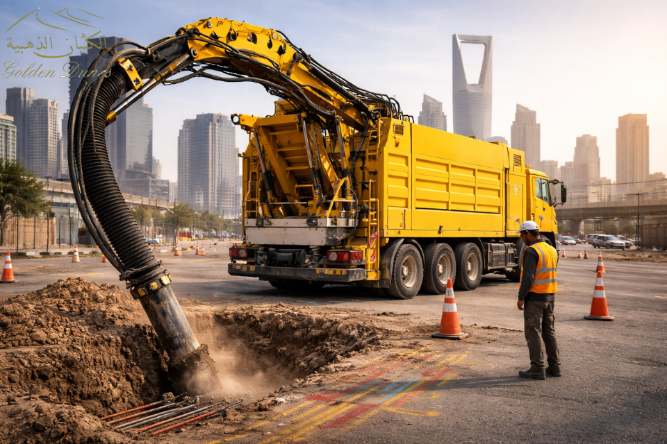 Suction excavator operating in modern Saudi infrastructure project