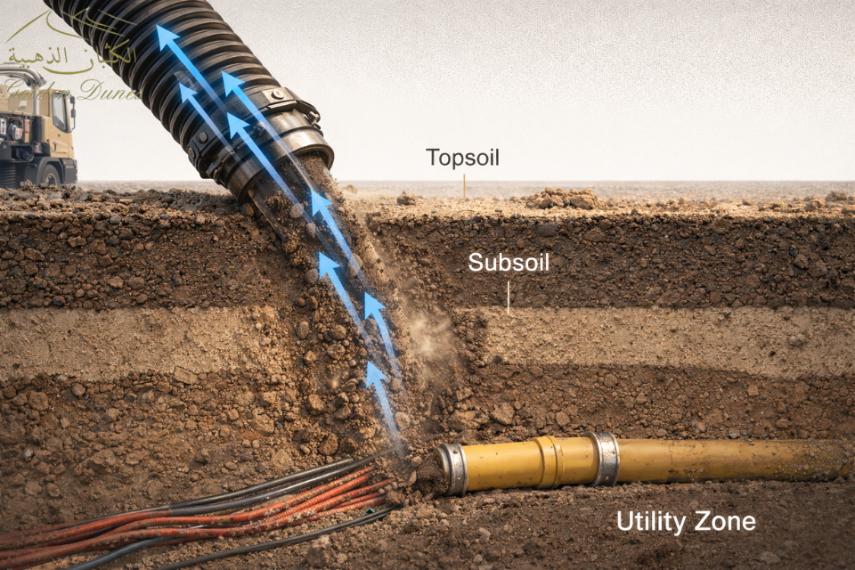 آلية عمل الحفر بالشفط لإزالة التربة وكشف المرافق تحت الأرض دون إتلافها