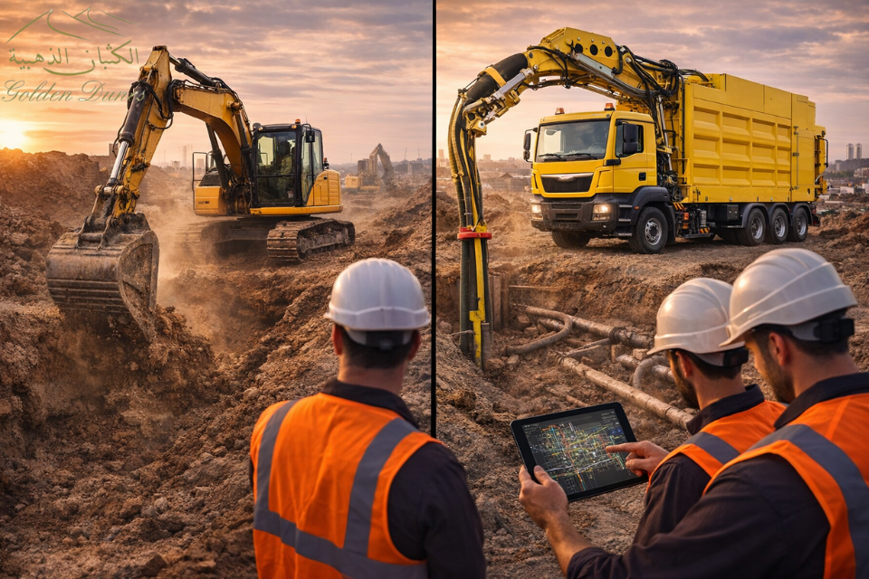 Side-by-side comparison between vacuum excavation and traditional excavation.