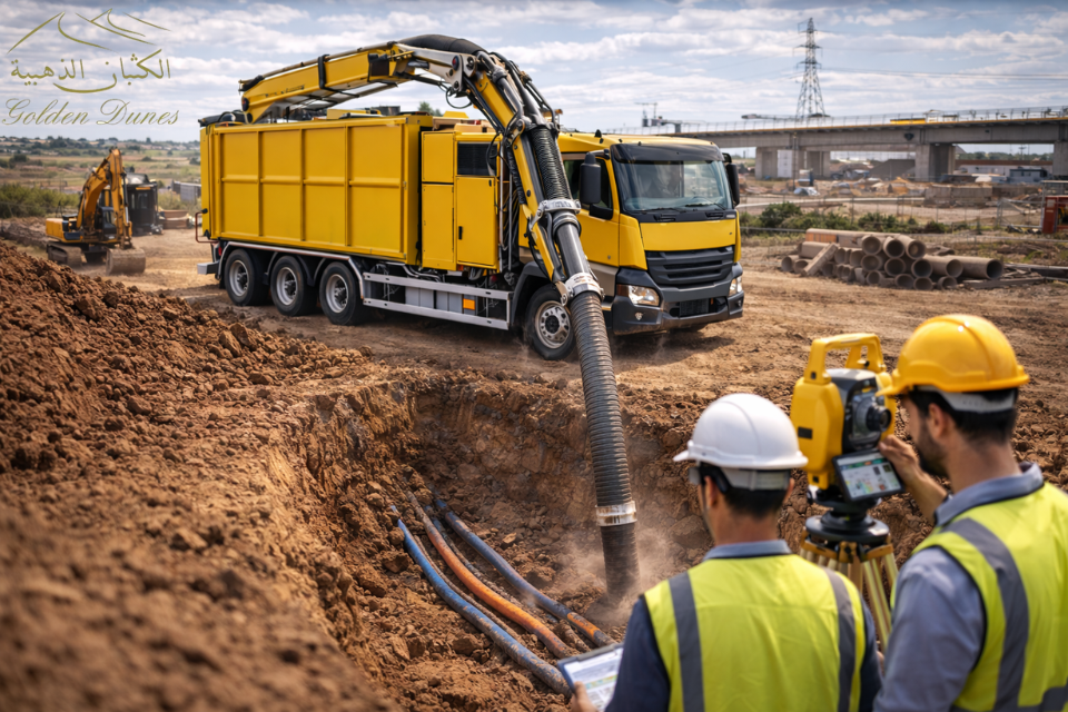 Vacuum excavation truck using advanced suction technology to remove soil at a construction site.