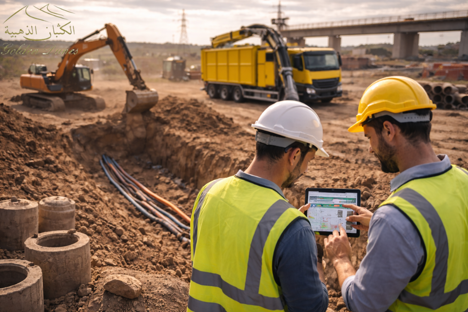 A cinematic engineering image highlighting advanced vacuum excavation technology used in modern construction projects to remove soil efficiently while protecting underground utilities.