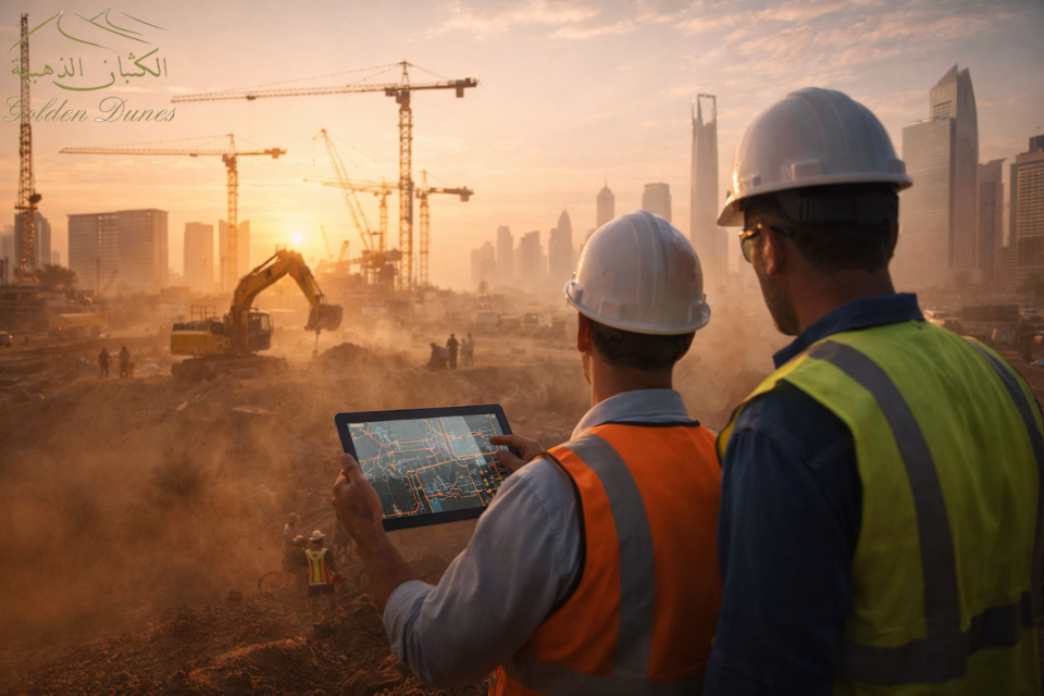 موقع إنشاءات حديث في السعودية يوضح تخطيط الحفر والسلامة