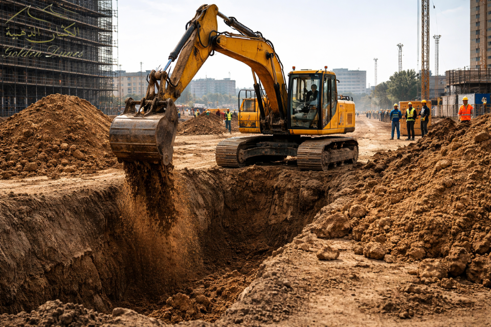 الحفر التقليدي باستخدام معدات ثقيلة في موقع بناء