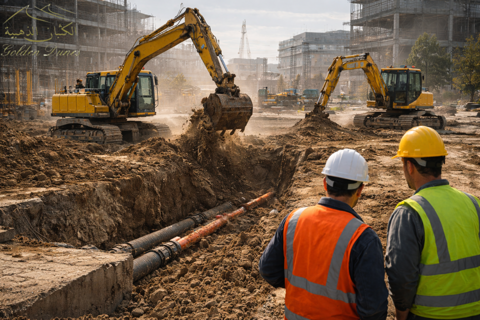 Traditional excavation machinery digging a trench at a construction site.