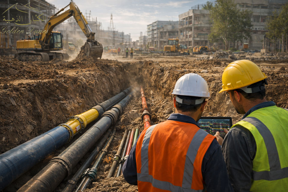 Underground utility lines beneath a construction site including pipelines and cables.