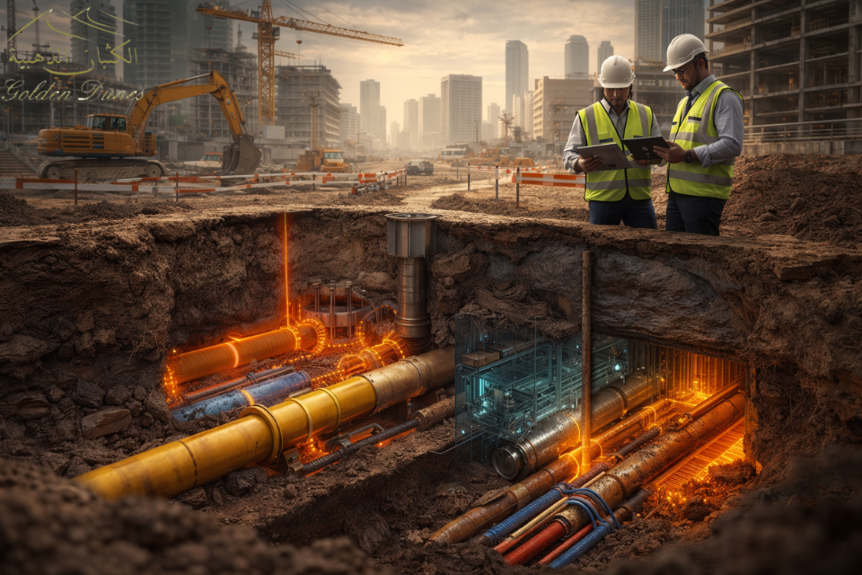 Underground utilities infrastructure beneath construction site with risk visualization