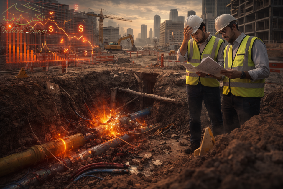 Construction site halted due to underground utility damage and financial loss