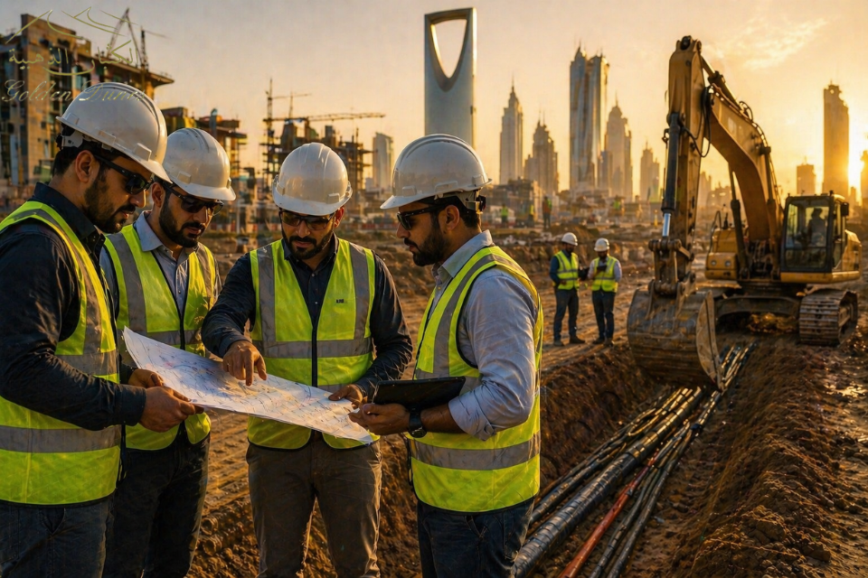 فريق هندسي محترف يدير مشروع حفر بأمان وكفاءة