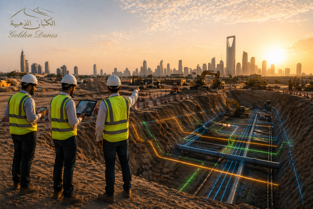 Engineers analyzing excavation planning at a construction site in Saudi Arabia