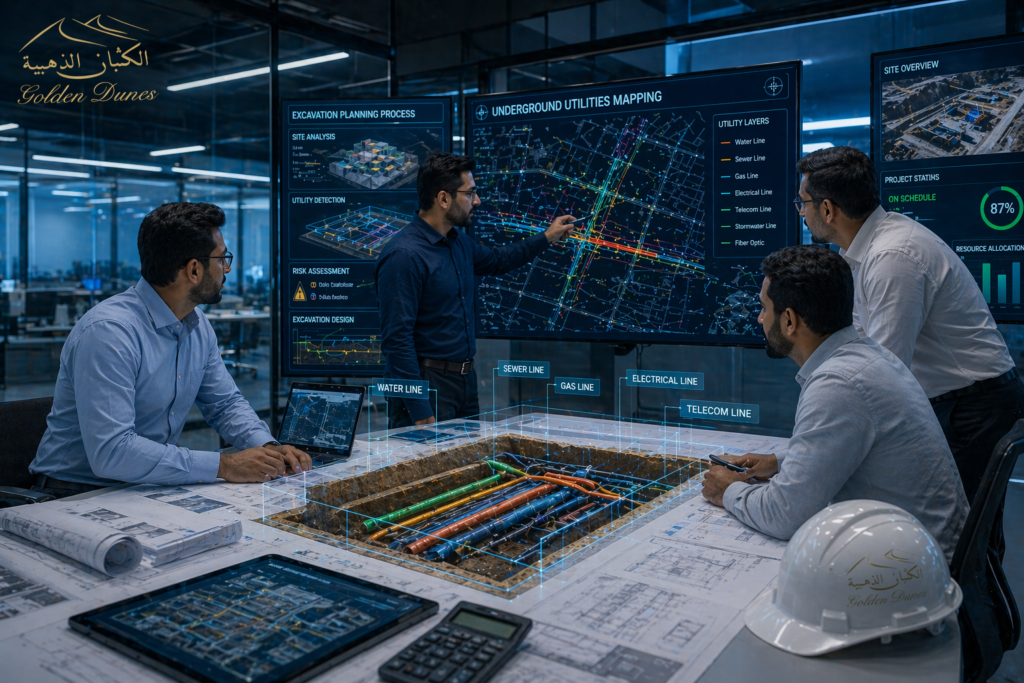 Engineers planning excavation using digital models and blueprints