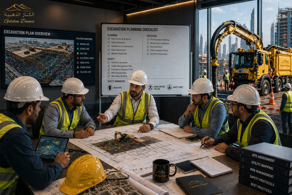 Engineers discussing best practices for excavation planning