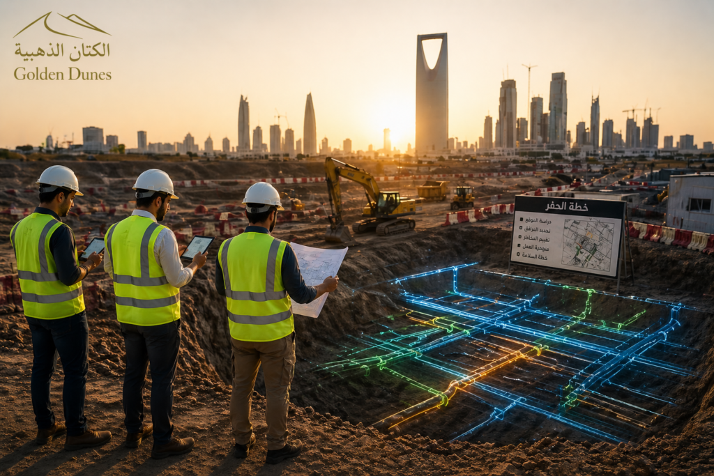 مهندسون يخططون لعمليات الحفر في موقع إنشاءات داخل السعودية
