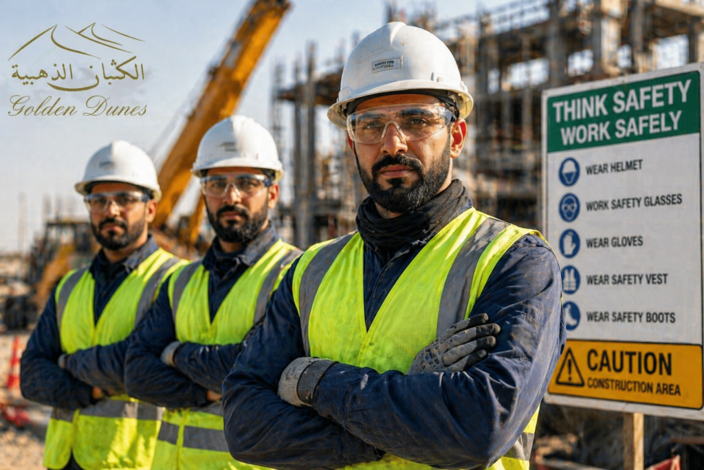 Construction workers wearing personal protective equipment PPE