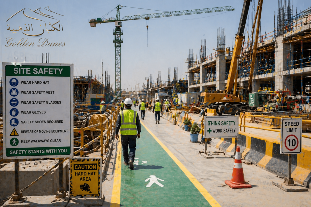 Organized construction site with safety compliance