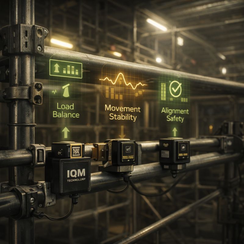 أجهزة استشعار IQM لمراقبة سلامة السقالات وتحليل توازن الأحمال واستقرار الحركة في مواقع البناء