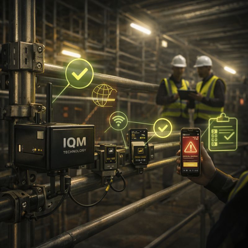 نظام IQM الذكي لمراقبة سلامة السقالات في مواقع البناء مع تنبيهات فورية عبر الهاتف لاكتشاف المخاطر