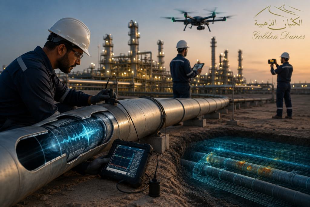 Engineers performing non-destructive testing on industrial infrastructure in Saudi Arabia