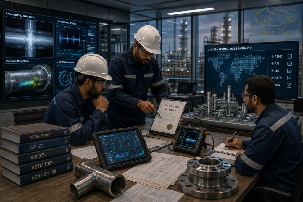 Engineers reviewing international NDT inspection standards and compliance systems