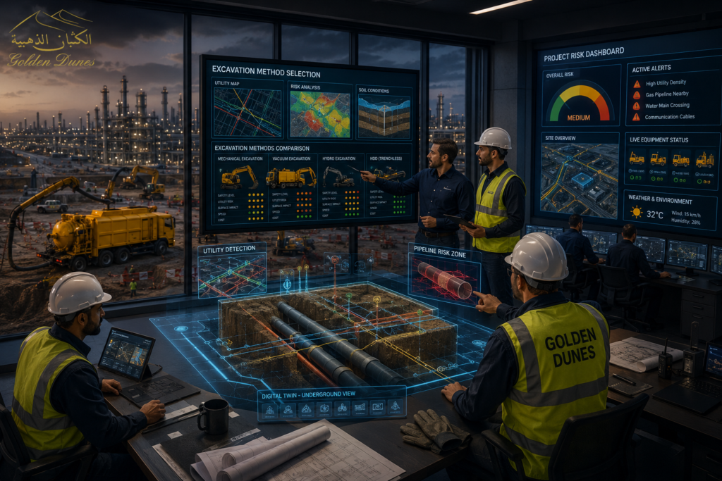 Engineers evaluating excavation planning factors