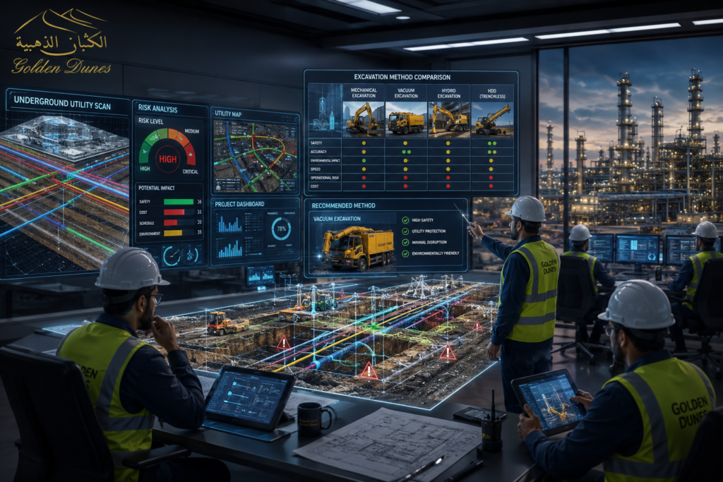 Engineers evaluating excavation planning factors