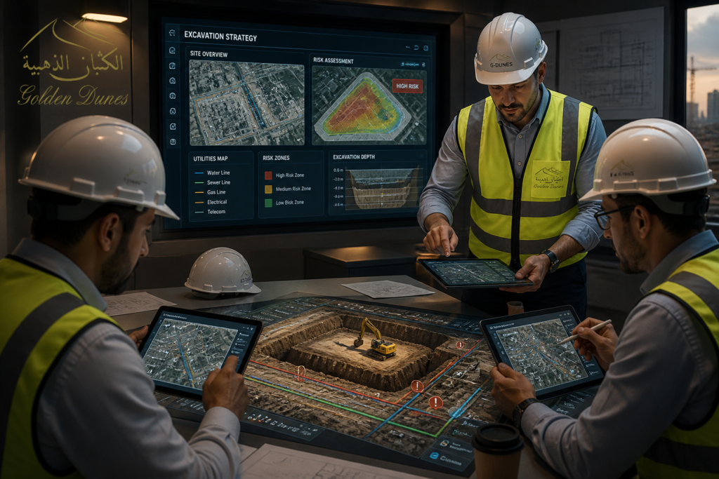 Engineers planning excavation safety strategy