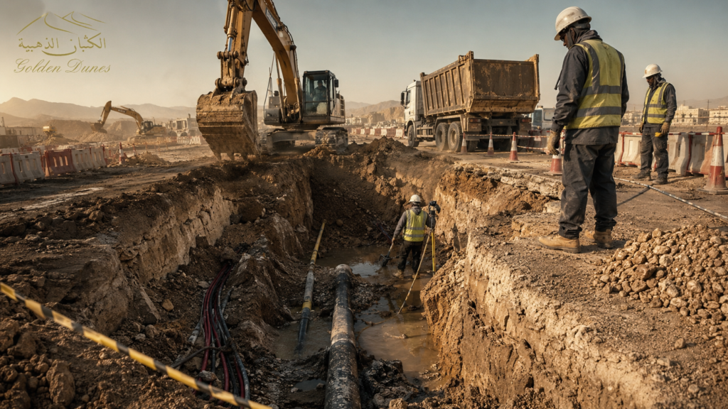 Construction accident risks on an excavation site with machinery, trench hazards, and unstable ground