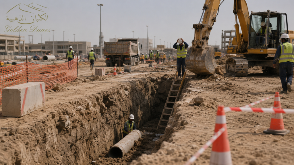 Construction site accident scene showing excavation-related worker and equipment risks