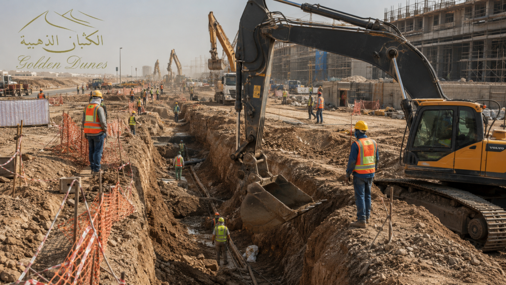 Excavation zone with unstable conditions increasing the risk of a construction site accident