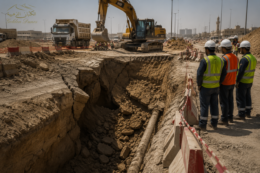 Ground collapse and trench failure risk on an active excavation site