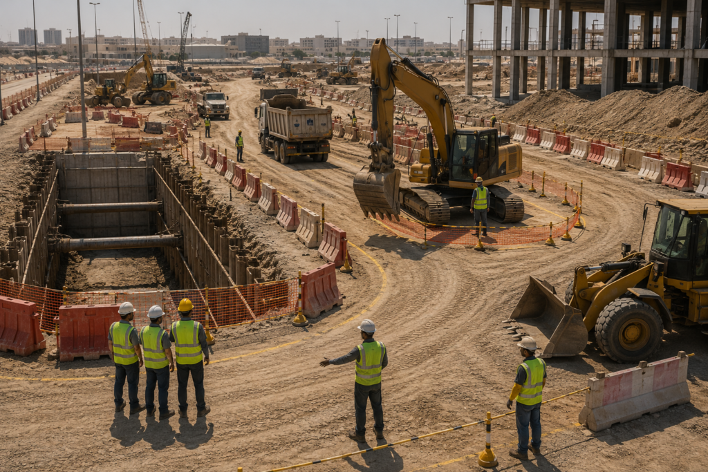 Controlled excavation site with clear equipment routes and exclusion zones to reduce accidents