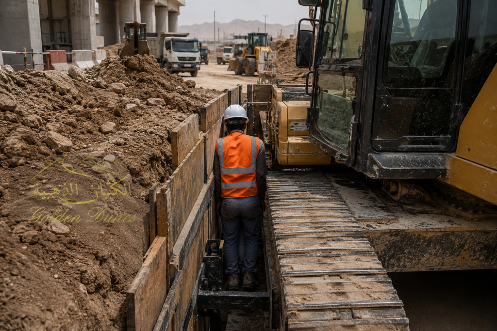 Caught-between accident risk in an excavation project with worker trapped between machinery and materials